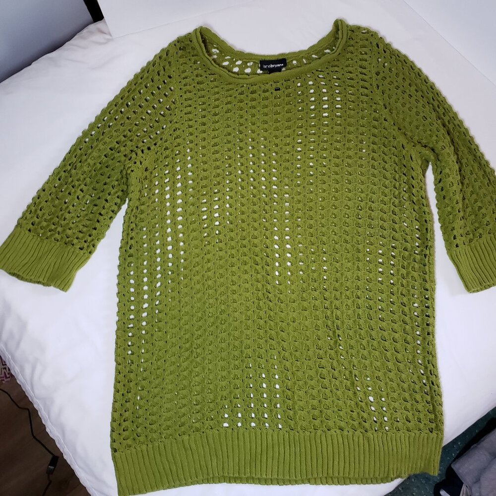 Lane Bryant Long Tunic 14/16W Cotton Green Crochet Round Neck Pullover